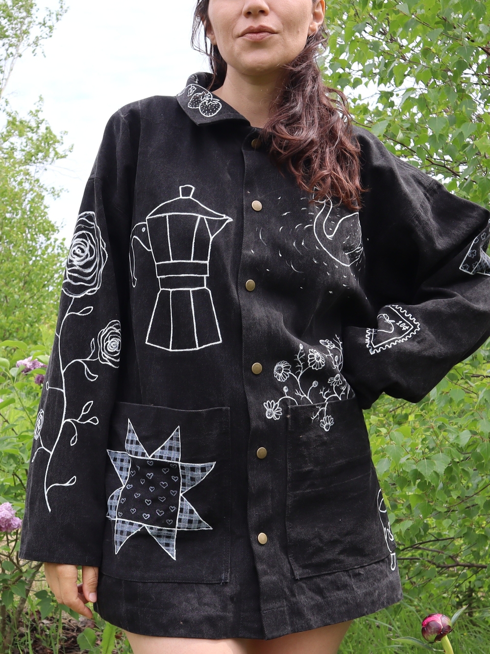 Upcycled Black Denim Jacket with White Folk Art Drawings L • XL - Picture 10 of 16